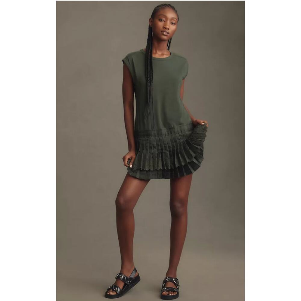 Anthropologie Daily Practice Olive Green Pleated-Hem Mini Dress
